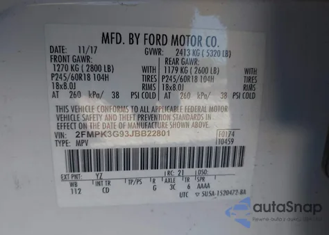 2018 Ford Edge Se из США, поврежденный, VIN 2FMPK3G93JBB22801